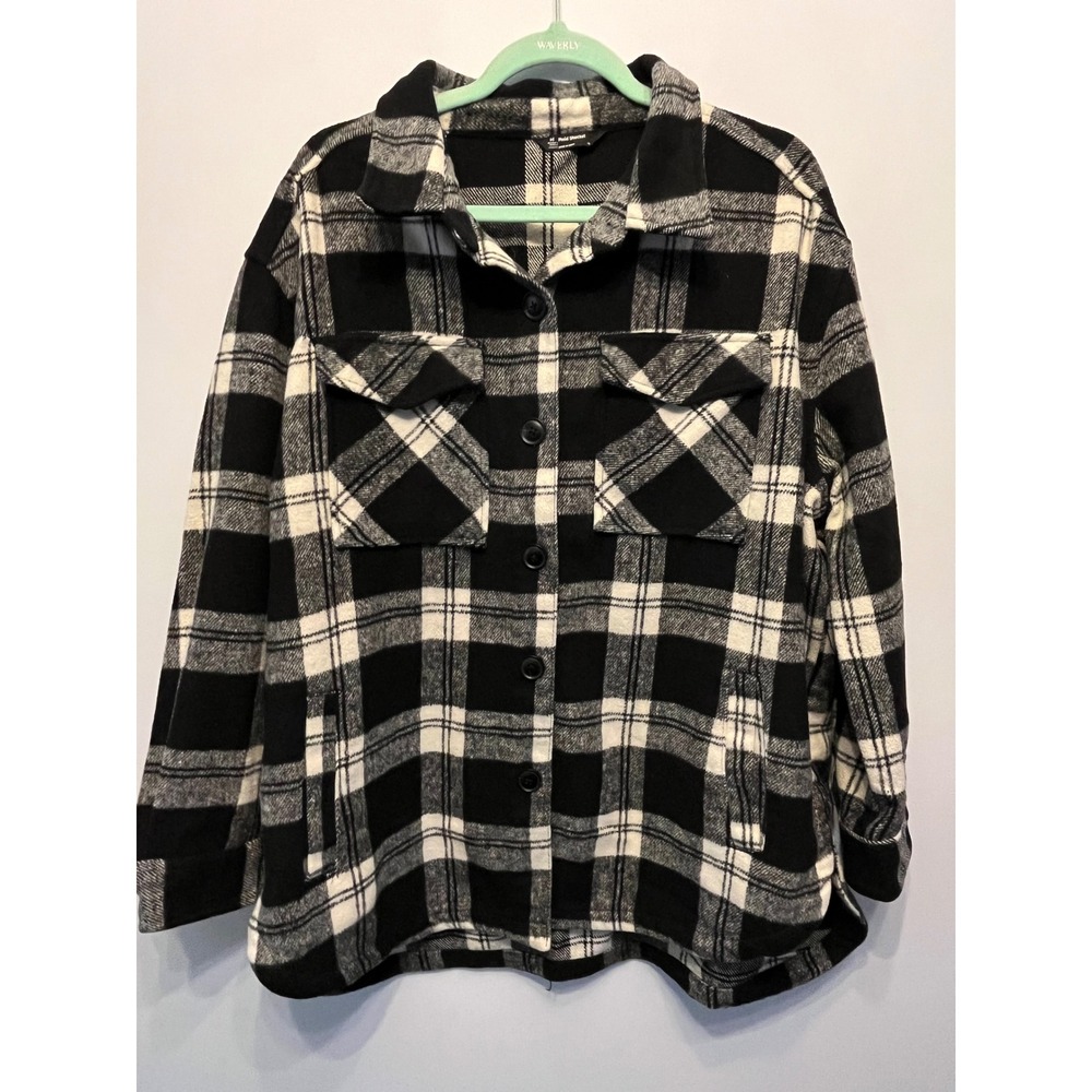 Members Mark Plaid Shacket Black White Button Front Flap Pocket XL